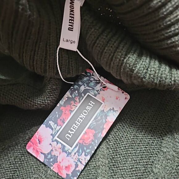 HWOKEFEIYU Women's Turtleneck Cable Knit Long Sleeve Pullover Sweater Dark Khaki - Picture 7 of 9